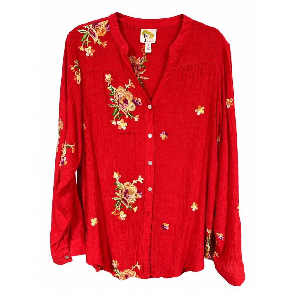 Fig & Flower Red Embroidered Button Blouse XL Boho Cottagecore Rayon Peasant Top